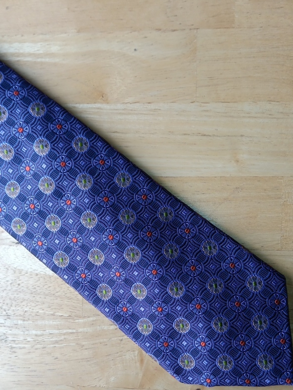 Robert Talbott Purple Tie with Orange,  Green, and Gold Medallion Accents